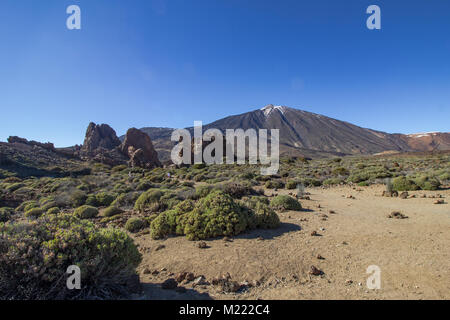 Il monte Teide picco con il Roques garcia formazione in primo piano. Foto Stock