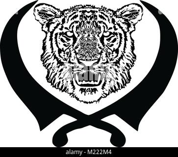 Testa di Tiger con zanne e spade incrociate, khanda. Schizzo per tattoo, pulsante isolato, vettore Illustrazione Vettoriale