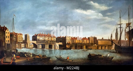 Il vecchio ponte di Londra da Southwark dopo Samuel Scott (1702-1772), olio su tela, metà 1700s. Il dipinto mostra il vecchio ponte di Londra poco prima della demolizione dei suoi edifici nel 1760. Foto Stock