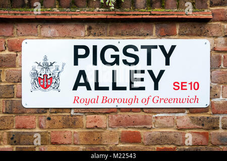Il nome della strada segno per porcile vicolo in Greenwich Foto Stock