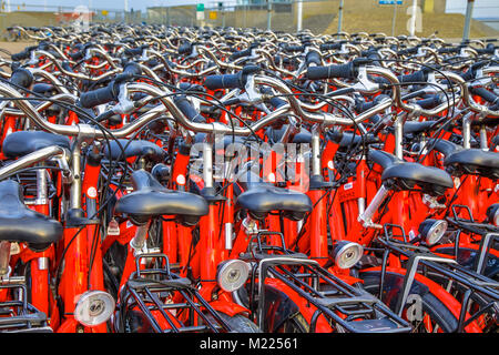 Noleggio biciclette Parcheggio con red bikes sull isola di Wadden di Schiermonnikoog, Paesi Bassi Foto Stock