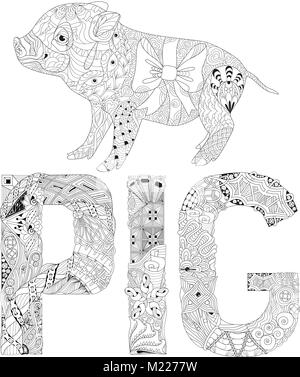 Zentangle illustrazione con pig. Groviglio Zen o doodle maialino. Libro da colorare animale domestico. Illustrazione Vettoriale