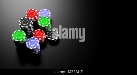 Concetto di casinò. Poker chips pile nero su sfondo di legno, banner, copia dello spazio. 3d illustrazione Foto Stock