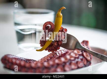Uno snack costituito da octapus e verde peperone piccante ona top di tutto octapus cotta su una piastra bianca Foto Stock