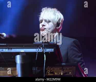 MIAMI, FL - aprile 01: John Taylor, Simon Le Bon, Dom Brown di musica del gruppo Duran Duran sono visti in esecuzione al Bayfront Park anfiteatro il 1 aprile 2016 a Miami in Florida. Persone: Nick Rhodes Foto Stock