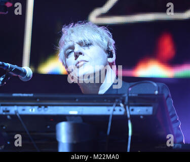 MIAMI, FL - aprile 01: John Taylor, Simon Le Bon, Dom Brown di musica del gruppo Duran Duran sono visti in esecuzione al Bayfront Park anfiteatro il 1 aprile 2016 a Miami in Florida. Persone: Nick Rhodes Foto Stock