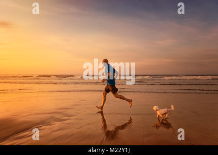 Il proprietario e il cane maltesi sono in esecuzione presso la spiaggia di tramonto Foto Stock