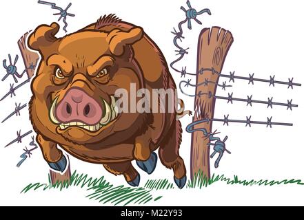 Vector cartoon clip art illustrazione di una dura e medio di maiale o di maiale o di cinghiale mascotte di schiantarsi attraverso un filo spinato. Carattere e sfondo Illustrazione Vettoriale