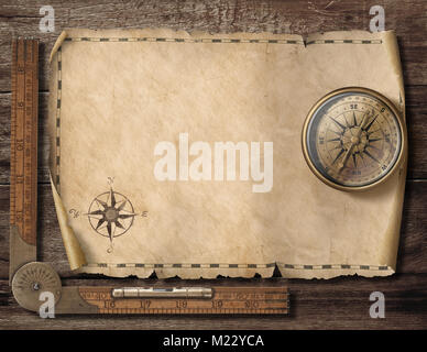 Vecchia mappa vuota dello sfondo con la bussola. Avventura e concetto di viaggio. 3d'illustrazione. Foto Stock