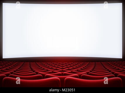 Cinema schermo con sedili rosso sfondo 3d illustrazione Foto Stock