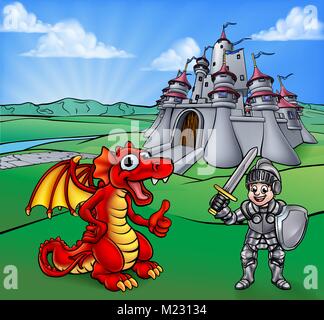 Castello e Dragon Knight Cartoon Illustrazione Vettoriale