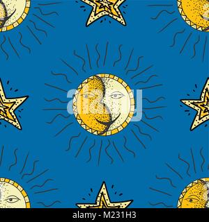 Disegnata a mano il sole e la luna pattern Illustrazione Vettoriale