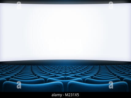 Schermo di film con sedili blu theatre backrgound 3d illustrazione Foto Stock