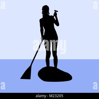 Silhouette di una femmina standup paddler Illustrazione Vettoriale