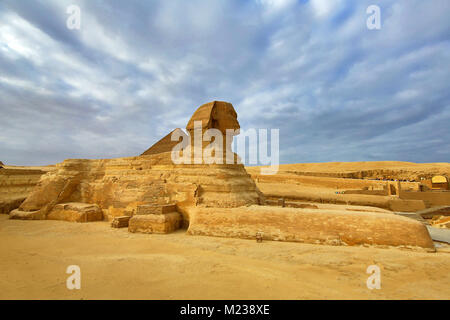 La grande statua della Sfinge e la piramide di Khafre sull'Altopiano di Giza, il Cairo, Egitto Foto Stock