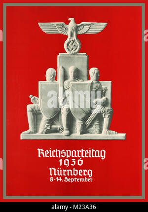 I raduni di Norimberga poster di propaganda Terzo Reich NSDAP partito nazista settimana 1936 Original vintage poster nazista la promozione del Terzo Reich conferenza tenutasi nella città di Norimberga tra il 8 e il 14 settembre 1936. Questo poster offre un nazista scultura in marmo che rappresenta tre cavalieri di seduta con scudi e spade al fondo e l'aquila e svastica simboli visualizzati nella parte superiore della statua Foto Stock