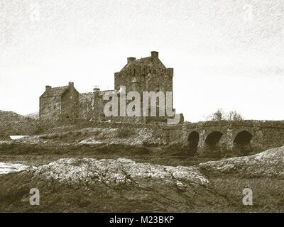 Copia della vecchia tecnica litografica. Maree nel lago al Castello Eilean Donan, Scozia. La sassosa ponte sopra i resti di acqua Foto Stock
