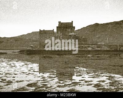 Copia della vecchia tecnica litografica. Maree nel lago al Castello Eilean Donan, Scozia. La sassosa ponte sopra i resti di acqua Foto Stock
