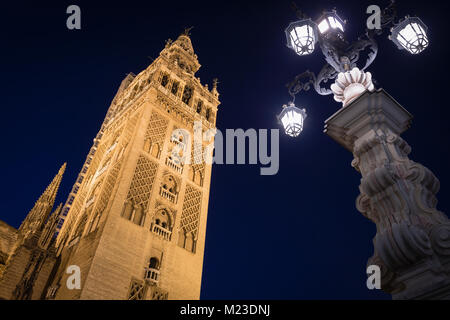 La Giralda torre campanaria di notte, Siviglia, in Andalusia, Spagna. Foto Stock