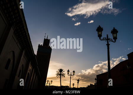 Silhouette di palme e candelabri street lights durante il tramonto a Marrakech, Marocco Foto Stock