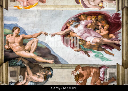 Michelangelo la creazione di Adamo nella Cappella Sistina, il Museo del Vaticano, Roma, Italia Foto Stock