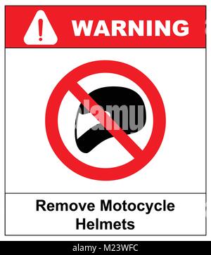 Rimuovere caschi moto icona simbolo di protezione e di divieto, non dovrebbe indossare il casco in camera o zona. Avvertenza banner con testo Illustrazione Vettoriale