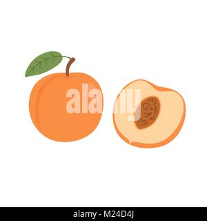 Vettore brillante serie di metà colorate e intera di succose pesche. Cartoon fresca pesche isolati su sfondo bianco. Illustrazione Vettoriale