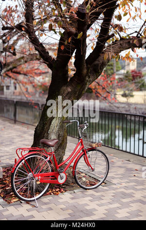 Red womens city bicicletta parcheggiata in corrispondenza di un albero ciliegio da un fiume in autunno su una strada di Kyoto, Giappone 2017. Foto Stock