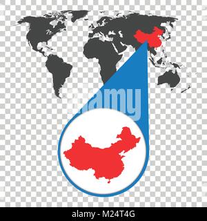 Mappa del mondo con lo zoom sulla Cina. Mappa nella lente di ingrandimento. Illustrazione Vettoriale in stile piatto Illustrazione Vettoriale