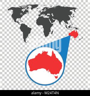 Mappa del mondo con lo zoom in Australia. Mappa nella lente di ingrandimento. Illustrazione Vettoriale in stile piatto Illustrazione Vettoriale