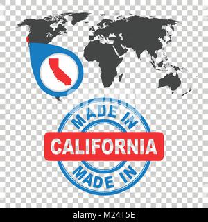 Realizzato in California, America, USA il timbro. Mappa del mondo con red paese. Emblema del vettore in uno stile piatto su sfondo isolato. Illustrazione Vettoriale