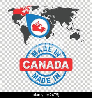 Realizzato in Canada il timbro. Mappa del mondo con red paese. Emblema del vettore in uno stile piatto su sfondo isolato. Illustrazione Vettoriale