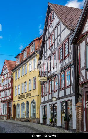 Alsfeld, Germania, semi-case con travi di legno nella zona della città vecchia, la strada Am Kreuz Foto Stock
