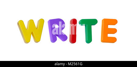 La parola 'write' costituito da plastica colorata lettere Foto Stock