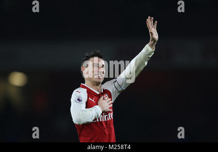 Londra, Regno Unito. 3 febbraio, 2018. Laurent Koscielny (A) all'Arsenal v Everton English Premier League, presso l'Emirates Stadium di Londra il 3 febbraio 2018 **Questa immagine è per il solo uso editoriale** Credito: Paolo Marriott/Alamy Live News Foto Stock