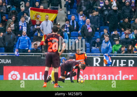 Barcellona, Spagna. 04 feb 2018. durante il match tra RCD Espanyol e FC Barcelona, per il round 22 del Liga Santander, suonato a RCDE Stadium il 4 febbraio 2018 a Barcellona, Spagna. Credito: Gtres Información más Comuniación on line, S.L./Alamy Live News Foto Stock