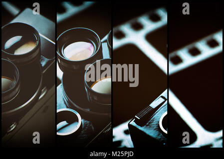 Vecchio filmato retrò fotocamera sullo sfondo di una perforazione della pellicola Foto Stock
