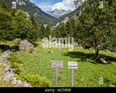 Vista aerea di segni di indicazione per un sentiero di montagna. Val di Mello, una verde vallata circondata da montagne di granito e alberi da foresta. Italia Foto Stock