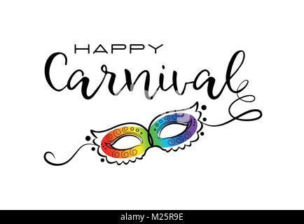 Felice Carnevale. Abstract della scheda Messaggi di saluto. Creative disegnati a mano design. Spazzola moderno lettering con elegante maschera arcobaleno. Illustrazione Vettoriale. Illustrazione Vettoriale