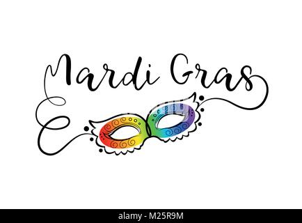 Mardi Gras. Il carnevale biglietto di auguri con elegante rainbow maschera. Creative Design outline. Illustrazione Vettoriale. Illustrazione Vettoriale