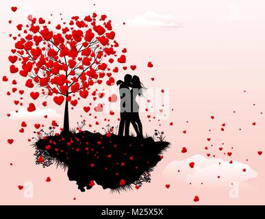 Matura in amore vicino ad un albero con il cuore. Silhouette di un giovane innamorato di un uomo e di una donna. Un uomo e una donna vicino ad un albero con cuori rossi. Illustrazione Vettoriale