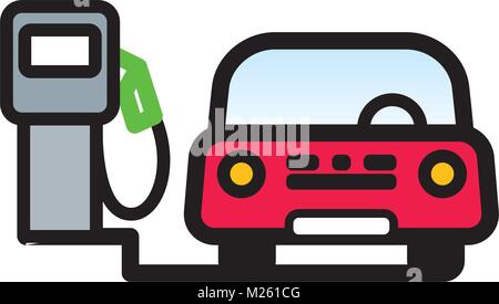 Rosso Auto passeggeri nella pompa del combustibile nella stazione di gas. Lineare illustrazione vettoriale con linea modificabile. EPS10 Illustrazione Vettoriale