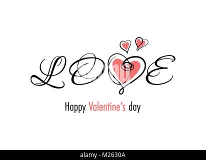 L'amore. Il giorno di San Valentino biglietto di auguri. Lettere manoscritte design con cuore astratta. Illustrazione Vettoriale. Illustrazione Vettoriale