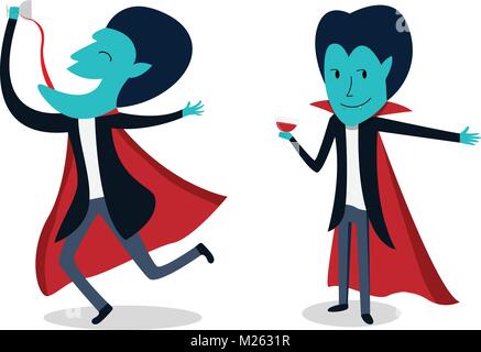 Dracula con vetro di sangue nel vettore arte cartoon Illustrazione Vettoriale