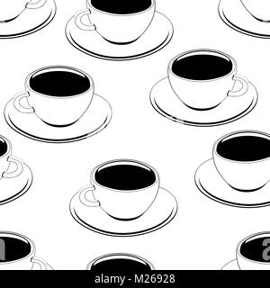 Tazza di caffè outline pattern senza giunture, sfondo vettoriale, colorazione, schizzo, disegno del contorno. Disegnate le tazze di caffè nero su uno sfondo bianco. Per la carta da parati design, tessuti, involucri, decorazione Illustrazione Vettoriale