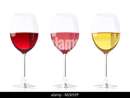 Impostare calici in vetro per vino, vettore di disegno realistico. Wineglass con vino rosso, wineglass con vino rosato e wineglass con vino bianco, isolati su sfondo bianco Illustrazione Vettoriale