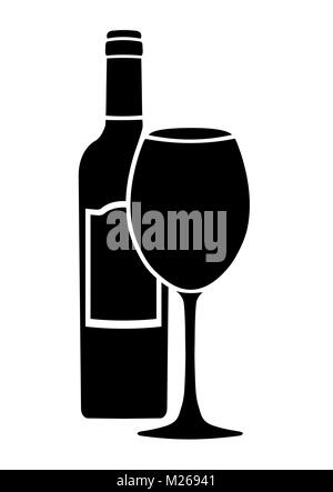 Bottiglia di vino con etichetta e wineglass icona Vettore, logo, segno, emblema, silhouette isolati su sfondo bianco Illustrazione Vettoriale