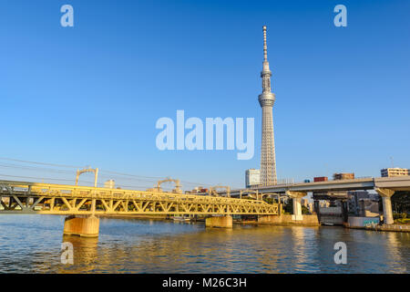 Tokyo skyline della città al fiume Sumida, Tokyo, Giappone Foto Stock