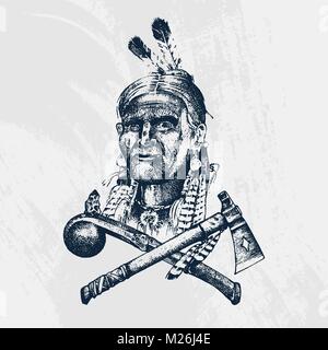 National American native e tradizioni indiane. Coltello e Ax, utensili e strumenti. incisi disegnati a mano nel vecchio sketch. Un uomo con le piume sulla sua testa. emblema o logo. Illustrazione Vettoriale