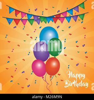 Buon compleanno card luminoso multicolore di palloncini coriandoli fiamme Illustrazione Vettoriale